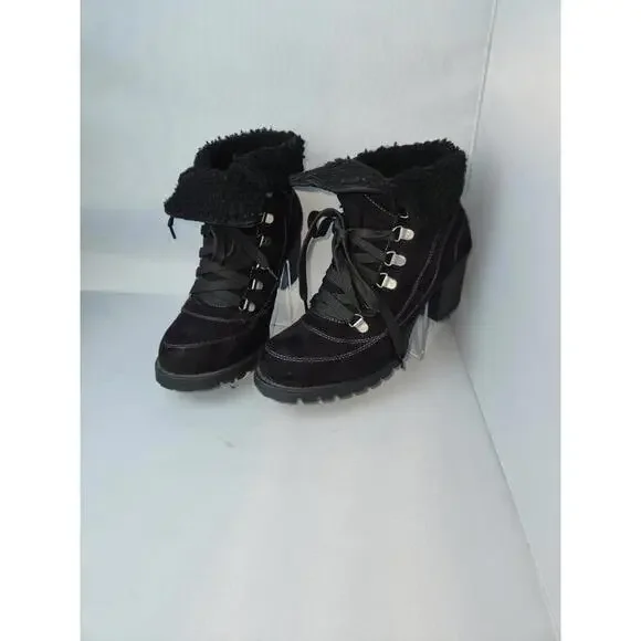 Jellypop Black Combat Ankle Boots Size 9.5M Lug Sole Heeled Sherpa Lined - Picture 11 of 14